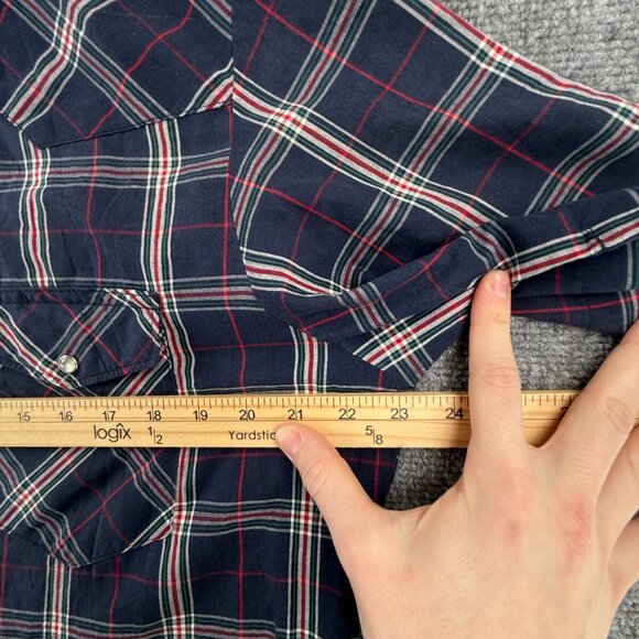 VTG Wrangler Short Sleeve Men Pearl Snap Up Shirt Adult Western Plaid Blue Red L - Picture 6 of 13